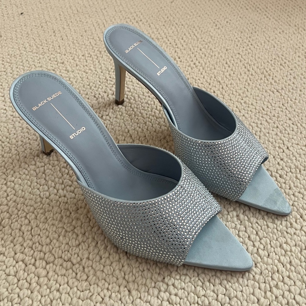 Black Suede Studio Blue Satin Rhinestone Belle Mules